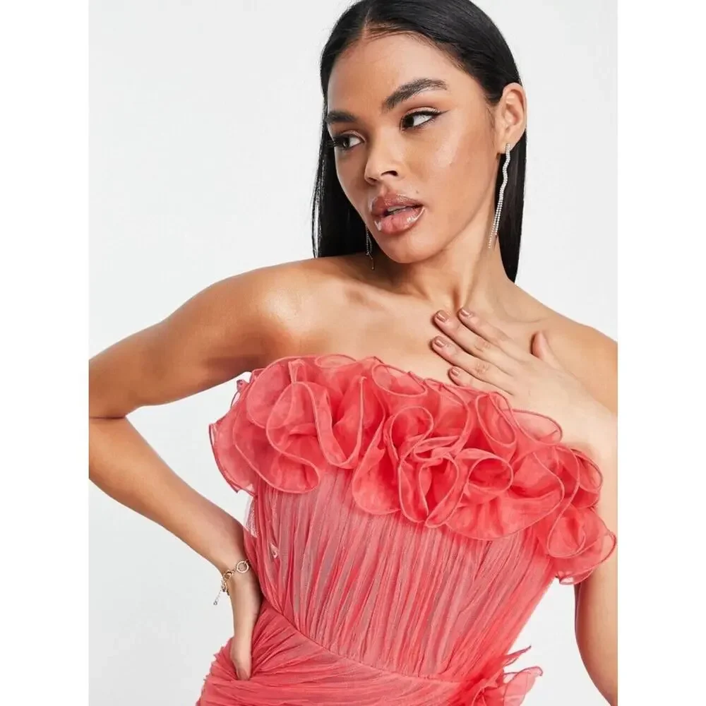ASOS Design Red Bodycon Ruffle Mesh Bandeau Neck Strapless Mini Dress 4 - Picture 3 of 13
